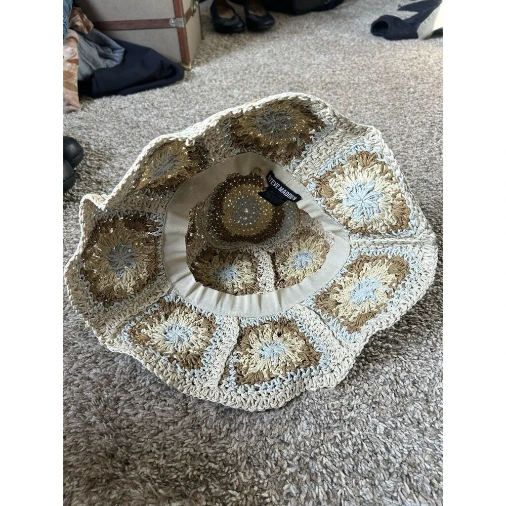 Steve Madden Crochet Straw Hat Granny Square Boho Hippie 70s Style Beach OS
